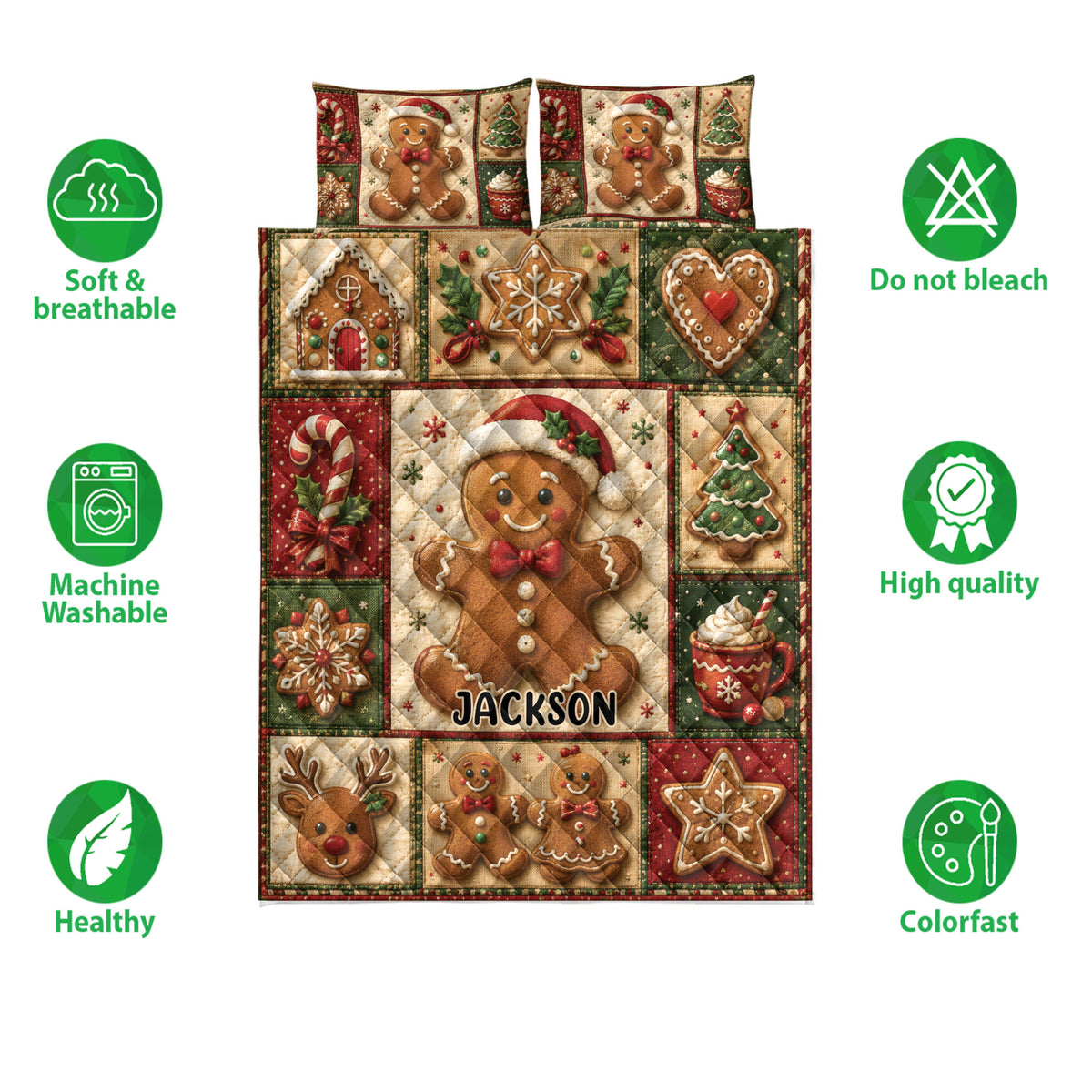 Christmas gingerbread quilt blanket shown with soft breathable and machine washable feature icons