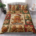 Christmas gingerbread quilt blanket styled in a bright bedroom with festive cookie artwork