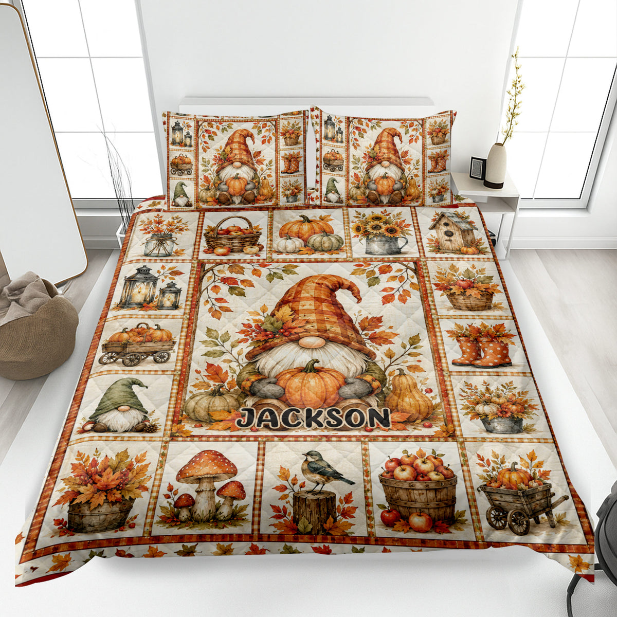 Autumn gnome quilt blanket displayed on a bed with pumpkins, leaves, harvest decor, and pillowcase options