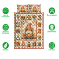 Gnome quilt bedding set shown with pumpkin artwork and soft, breathable, machine-washable feature icons