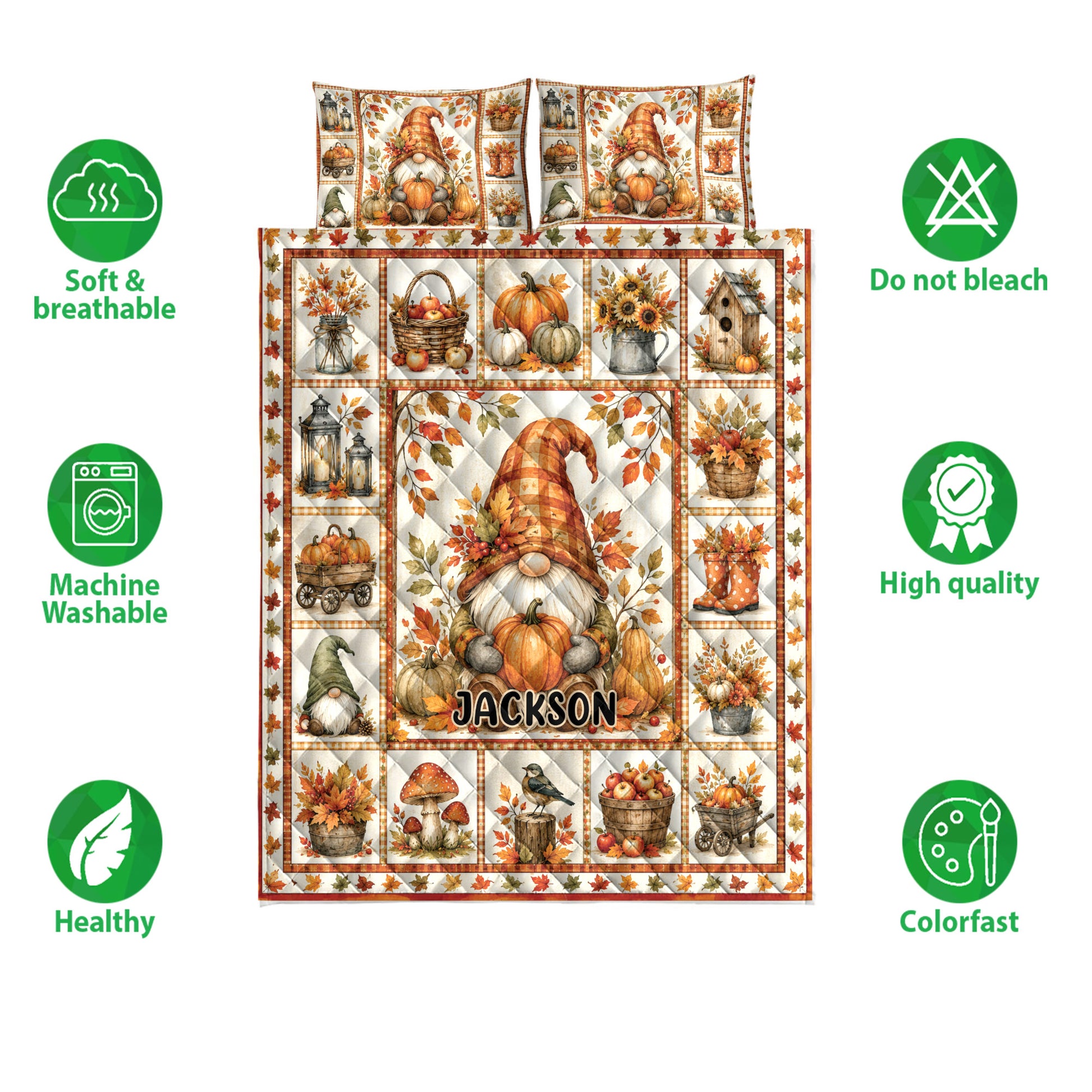 Gnome quilt bedding set shown with pumpkin artwork and soft, breathable, machine-washable feature icons