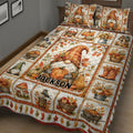 Close bedroom view of a pumpkin gnome quilt blanket with autumn leaves, apples, mushrooms, and harvest baskets