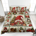 Christmas gnome quilt blanket displayed on a bed with trees, gifts, wreaths, stockings, and festive cabin scenes