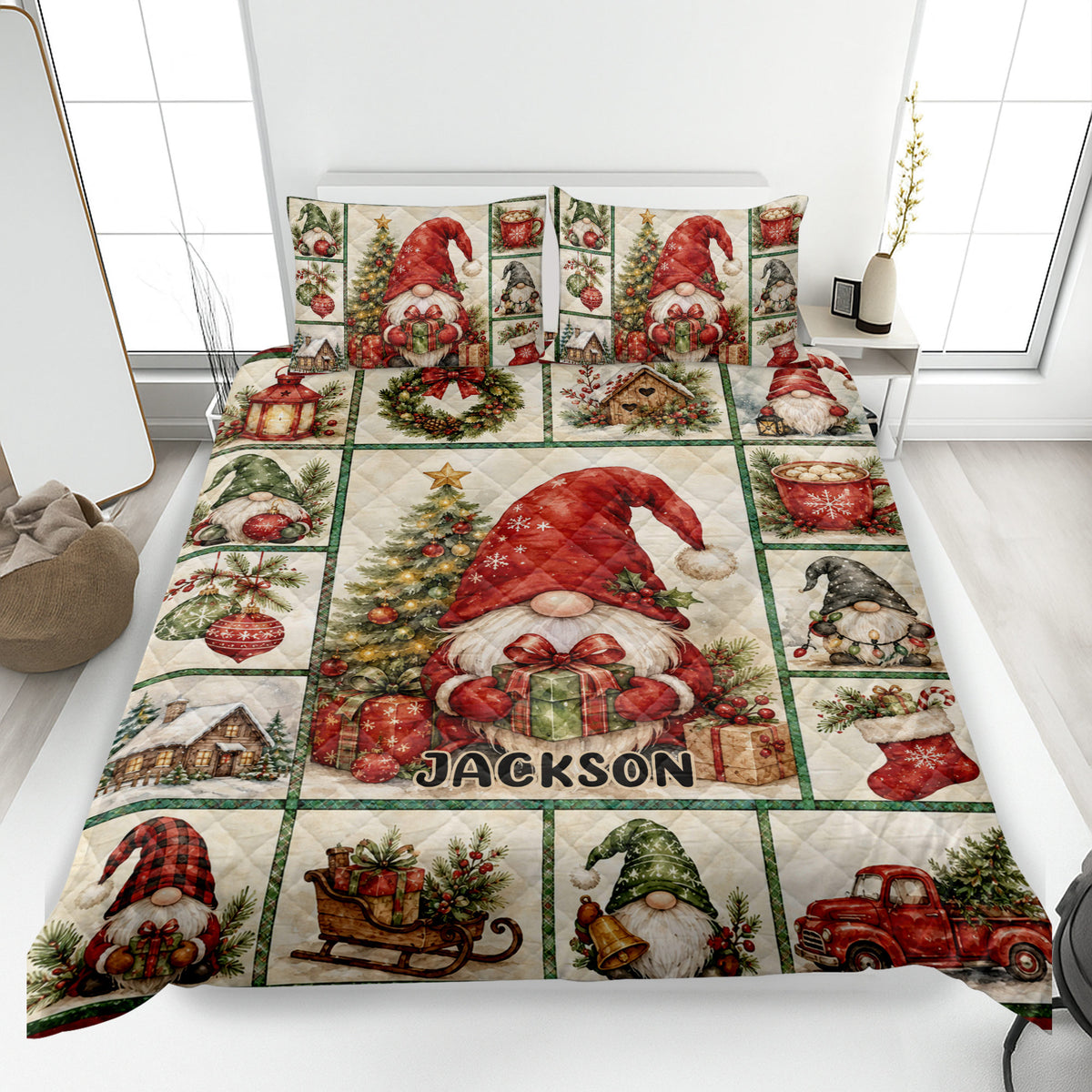 Christmas gnome quilt blanket displayed on a bed with trees, gifts, wreaths, stockings, and festive cabin scenes