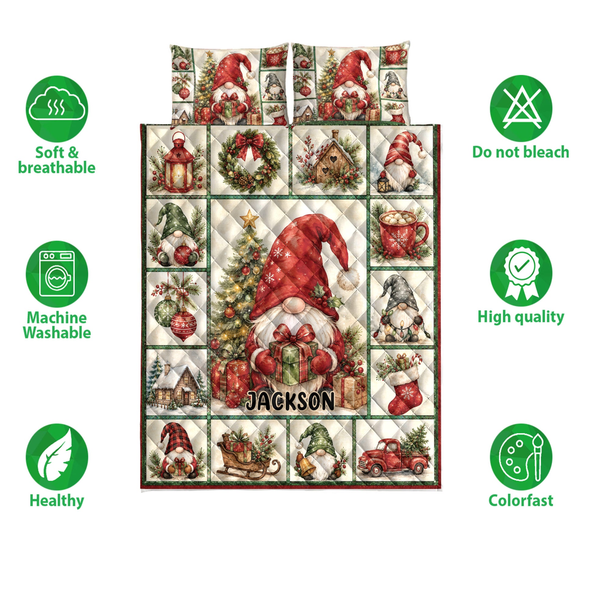 Christmas gnome quilt bedding set shown with matching pillow options and soft, breathable, washable design icons