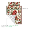 Close view of Christmas gnome quilt showing the printed side and white quilted backing