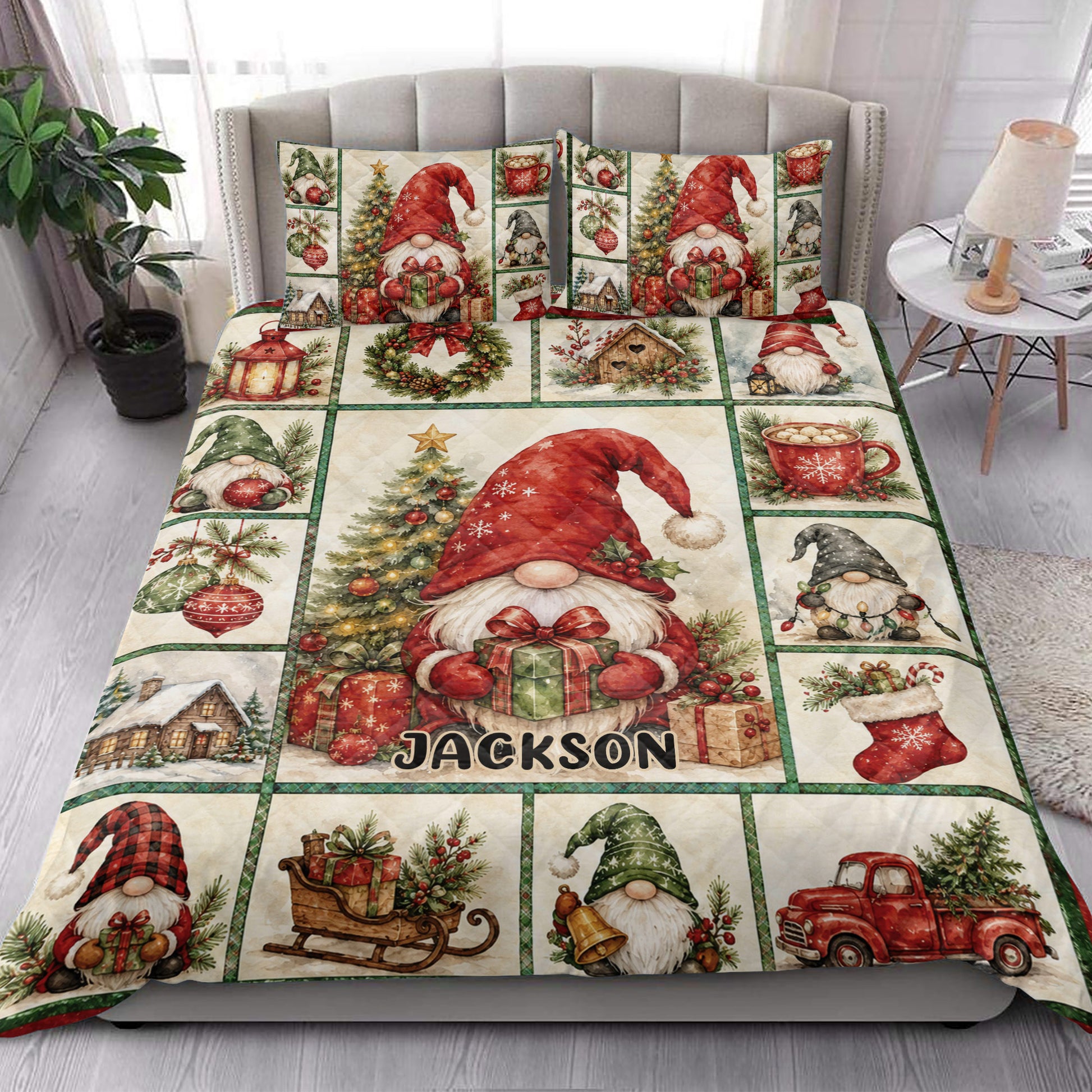 Festive Christmas gnome quilt blanket styled across a bright bedroom with red, green, and cream artwork