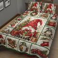 Christmas gnome quilt bedding set displayed in a cozy bedroom with holiday scenes and colorful gnome panels
