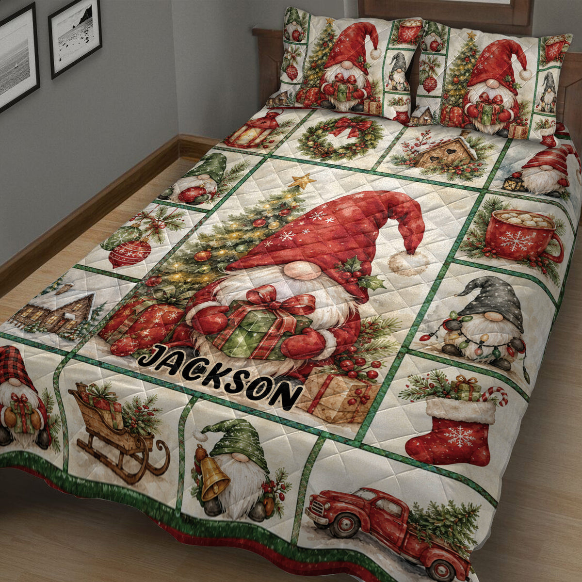 Christmas gnome quilt bedding set displayed in a cozy bedroom with holiday scenes and colorful gnome panels