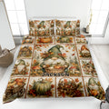 Autumn gnome quilt blanket displayed on a bed with pumpkins, mushrooms, cottages, leaves, and a custom design
