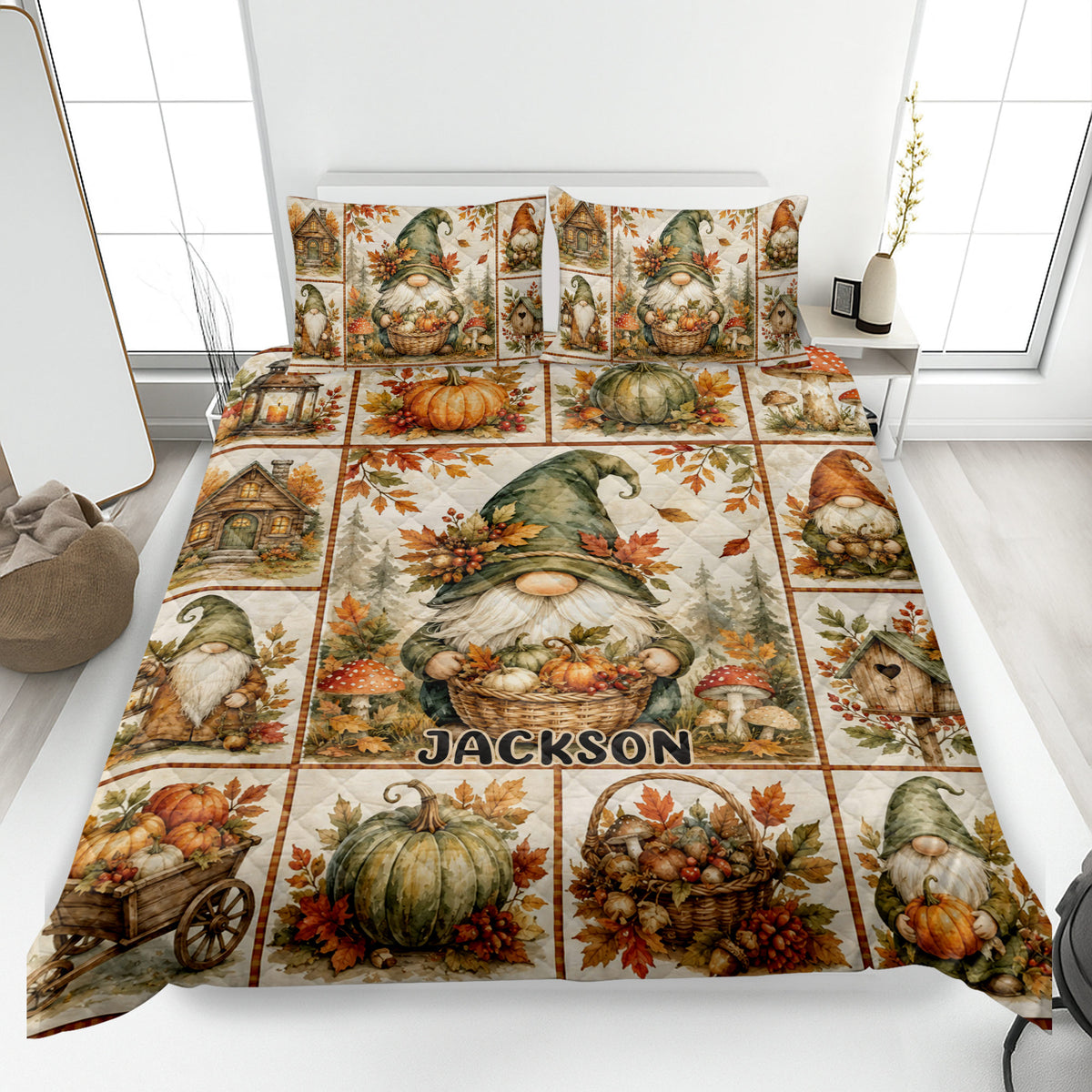 Autumn gnome quilt blanket displayed on a bed with pumpkins, mushrooms, cottages, leaves, and a custom design