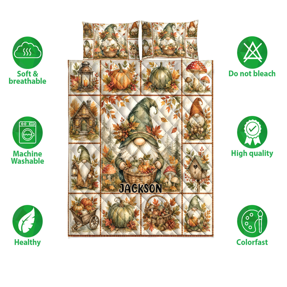 Autumn gnome quilt blanket shown flat with pumpkin, mushroom, cottage, and care feature illustrations