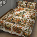 Close bedroom view of an autumn gnome quilt blanket with pumpkins, cottages, mushrooms, and woodland leaves