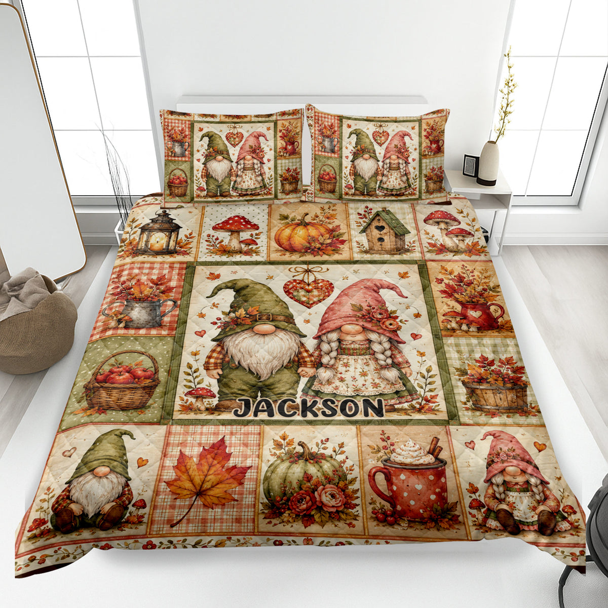 Autumn gnome quilt blanket displayed on a bed with pumpkins, mushrooms, leaves, hearts, and rustic harvest details