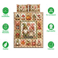 Gnome quilt bedding set shown with autumn artwork, pumpkins, mushrooms, leaves, and soft breathable bedding features
