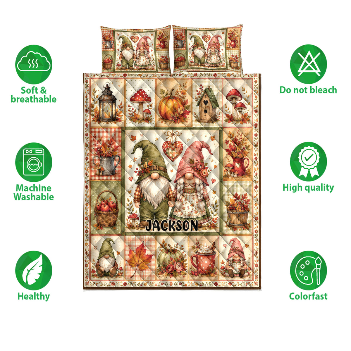 Gnome quilt bedding set shown with autumn artwork, pumpkins, mushrooms, leaves, and soft breathable bedding features