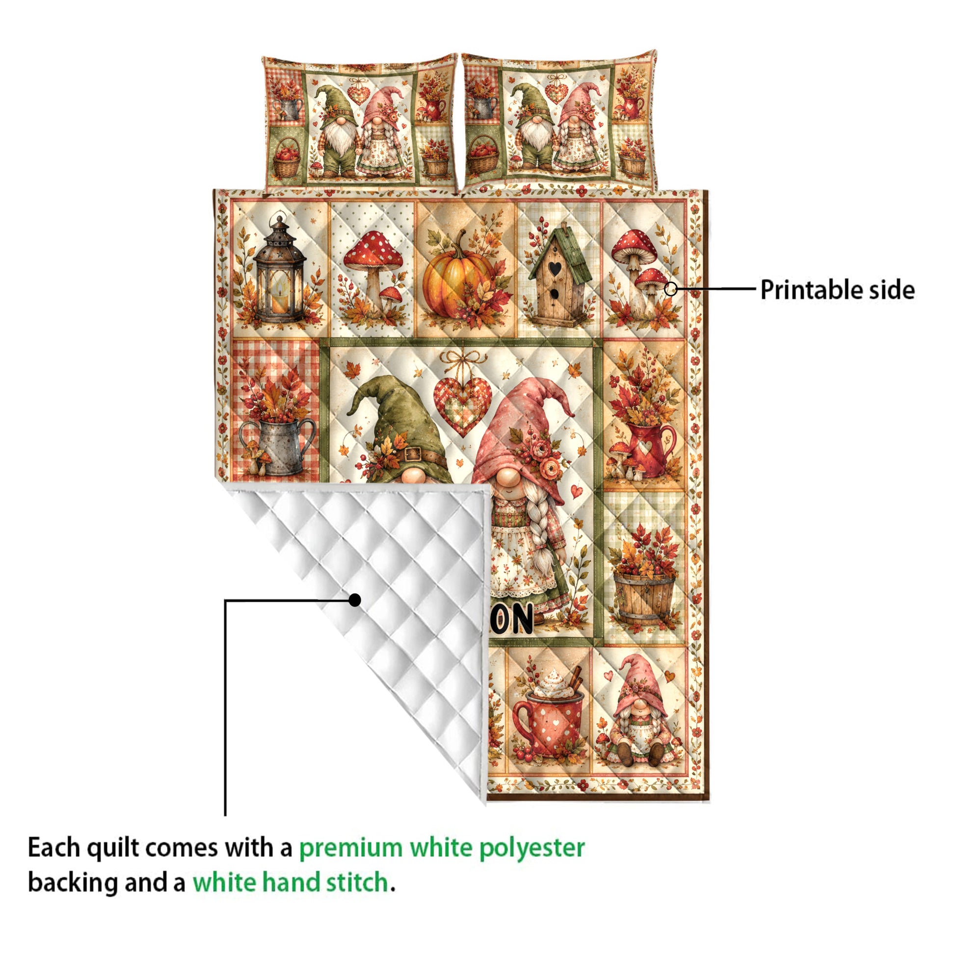 Autumn gnome quilt shown with printed front artwork and a white quilted reverse side