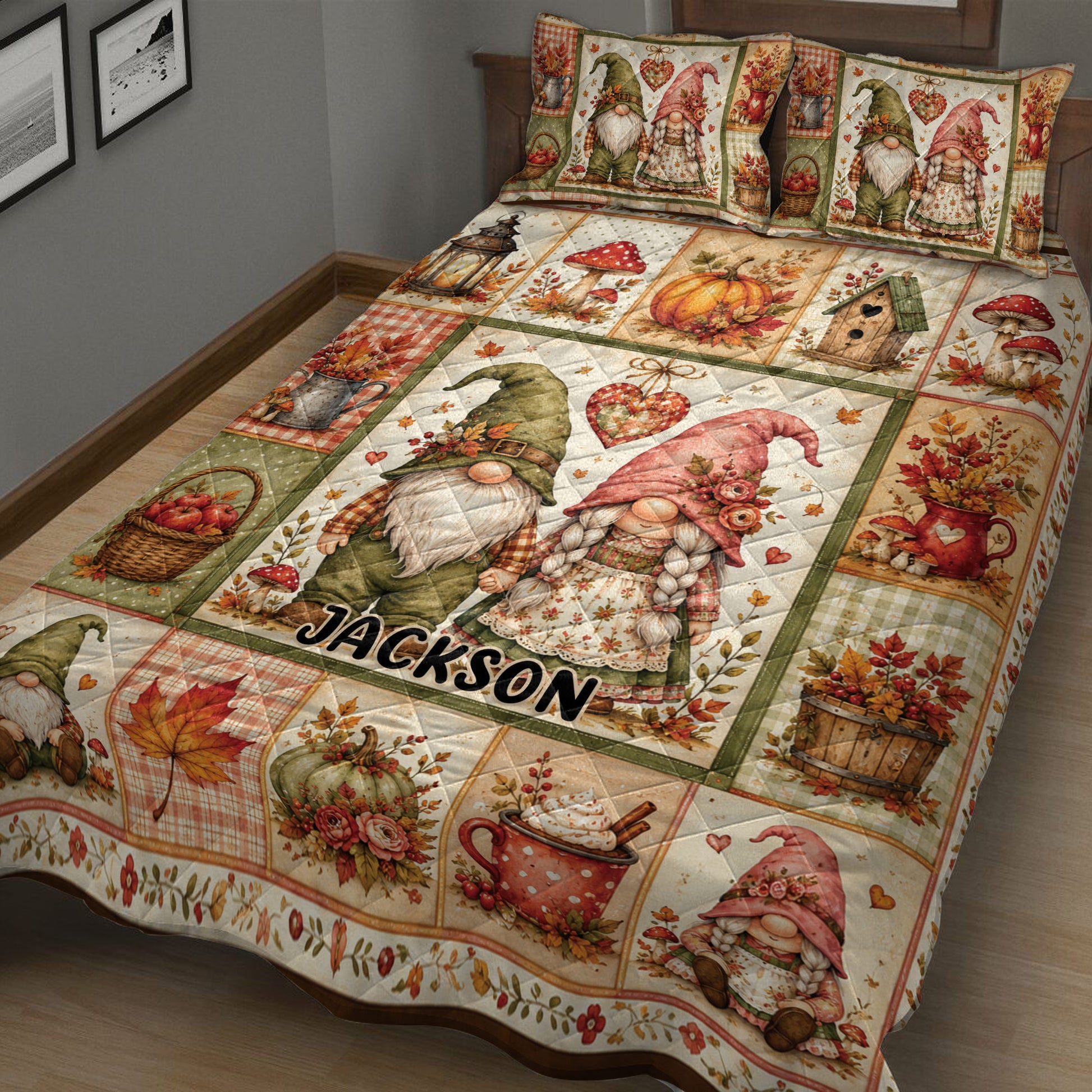 Close bedroom view of autumn gnome quilt bedding with pumpkins, apple baskets, leaves, mushrooms, and rustic decor