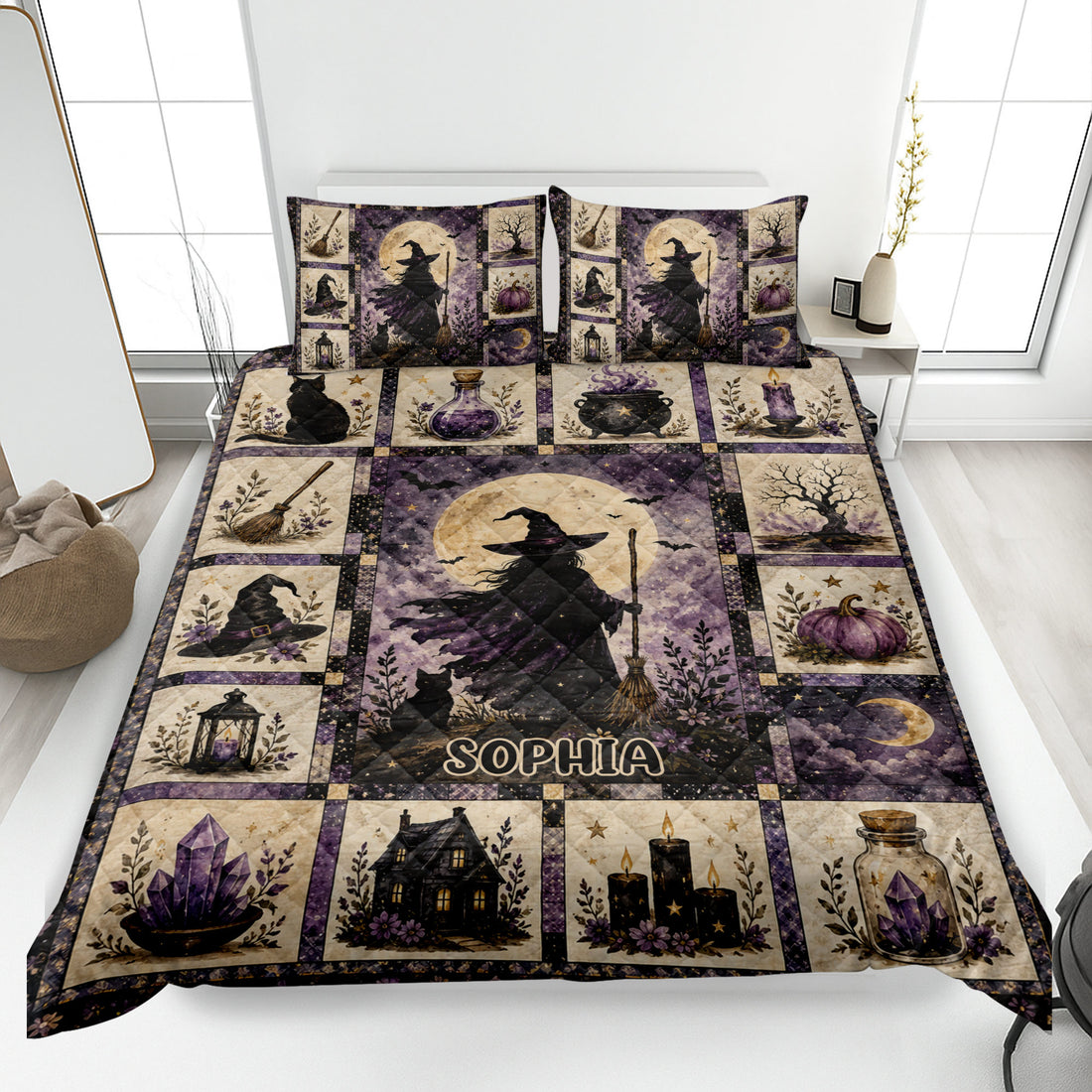 Witchcraft quilt blanket displayed on a bed with witch, black cat, moon, cauldron, crystal, and pumpkin artwork