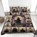 Witchcraft quilt blanket displayed on a bed with witch, black cat, moon, cauldron, crystal, and pumpkin artwork