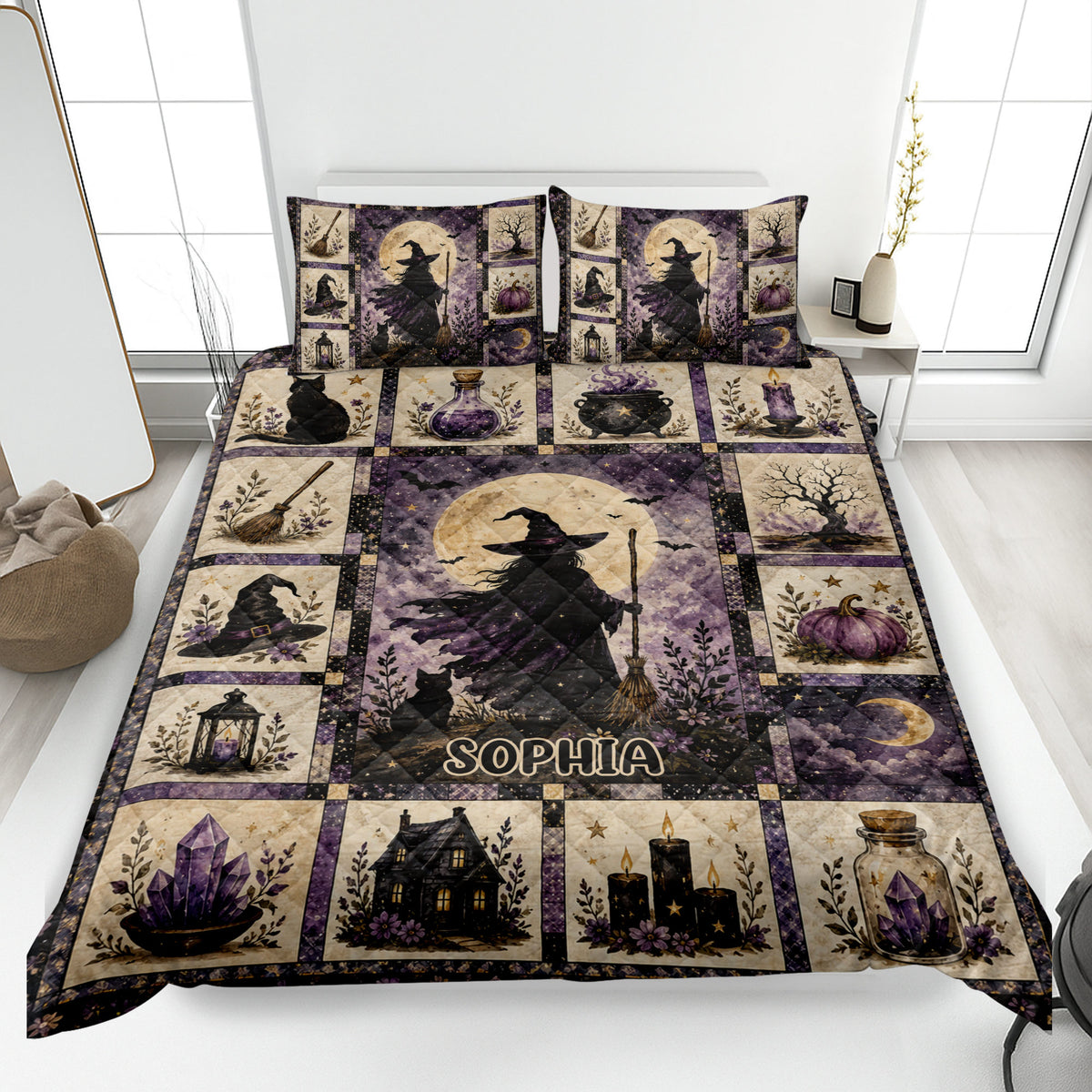 Witchcraft quilt blanket displayed on a bed with witch, black cat, moon, cauldron, crystal, and pumpkin artwork