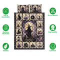 Witchcraft quilt blanket and pillowcases shown with witchy artwork, soft breathable design, and care feature icons