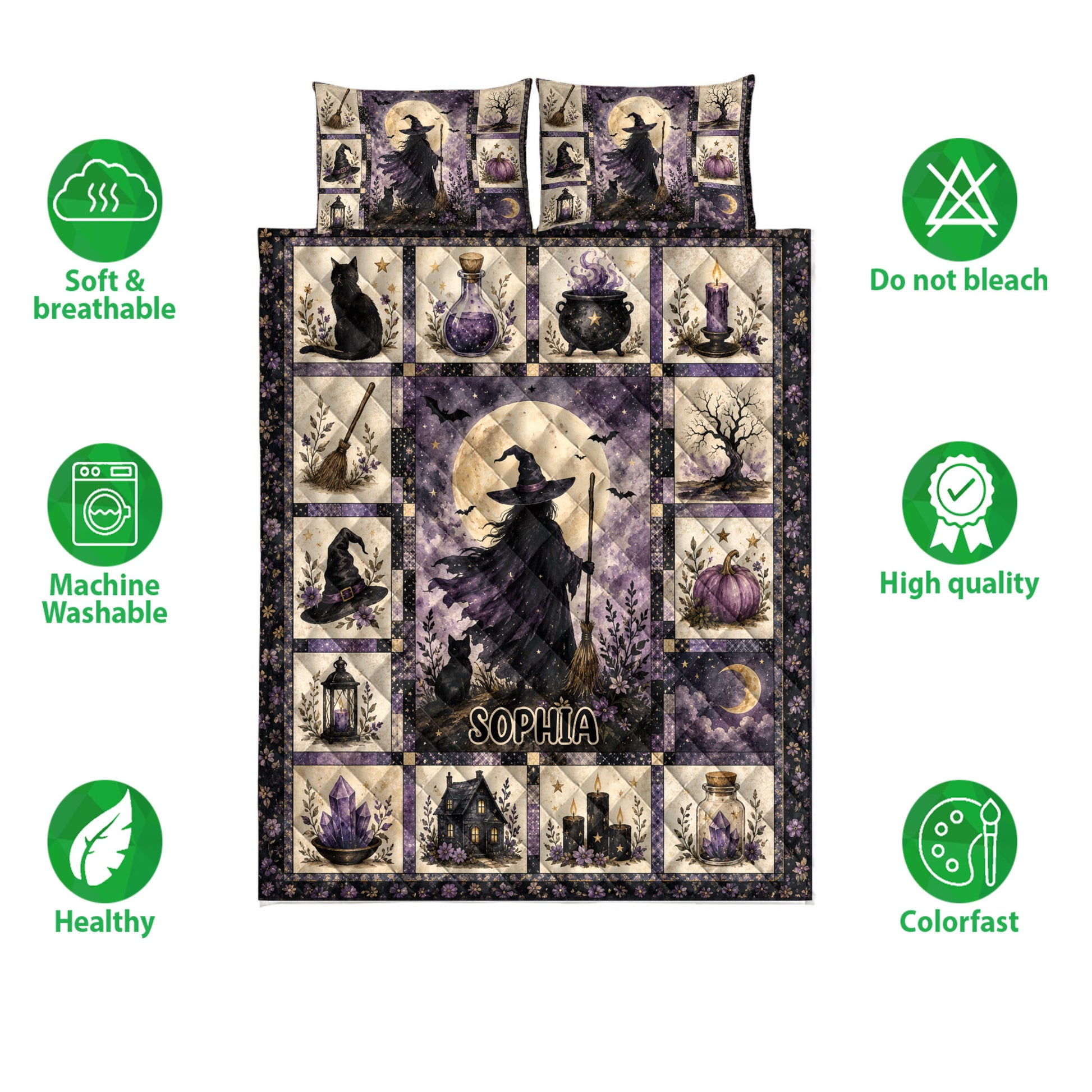 Witchcraft quilt blanket and pillowcases shown with witchy artwork, soft breathable design, and care feature icons