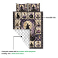 Witchcraft quilt blanket showing the printed front and white quilted backing in a construction detail view