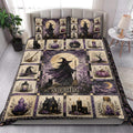 Witchcraft quilt blanket styled in a bedroom with purple moon, witch, cauldron, crystal, and black cat artwork