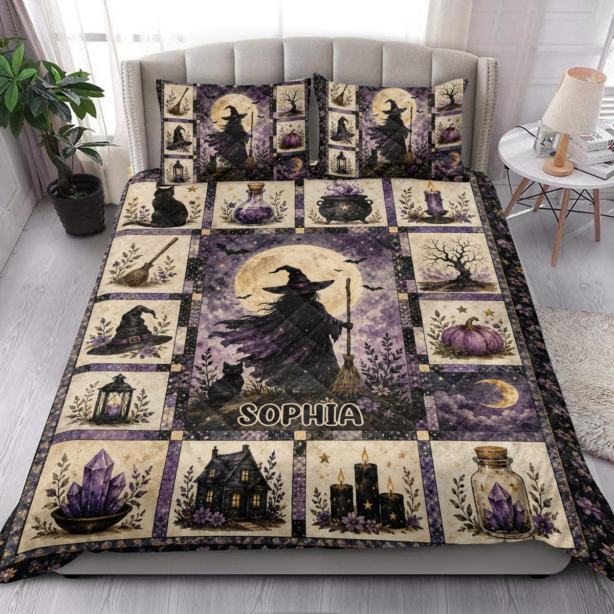 Witchcraft quilt blanket styled in a bedroom with purple moon, witch, cauldron, crystal, and black cat artwork