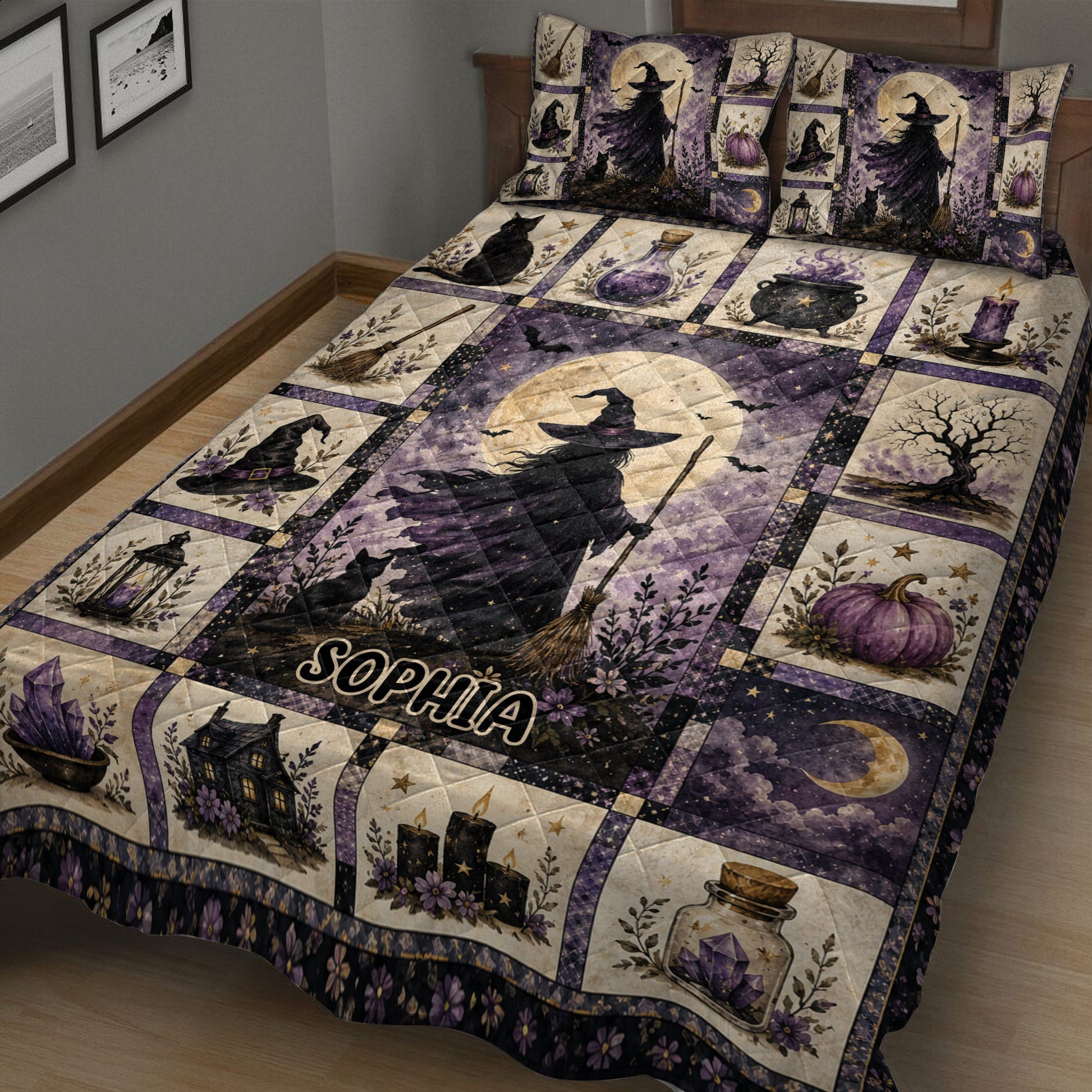 Close bedroom view of a witchcraft quilt blanket with broomsticks, candles, crystals, pumpkins, and moonlit witch artwork