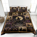 Witchcraft quilt blanket displayed on a bed with moonlit witch, black cat, cauldron, candles, and botanical artwork