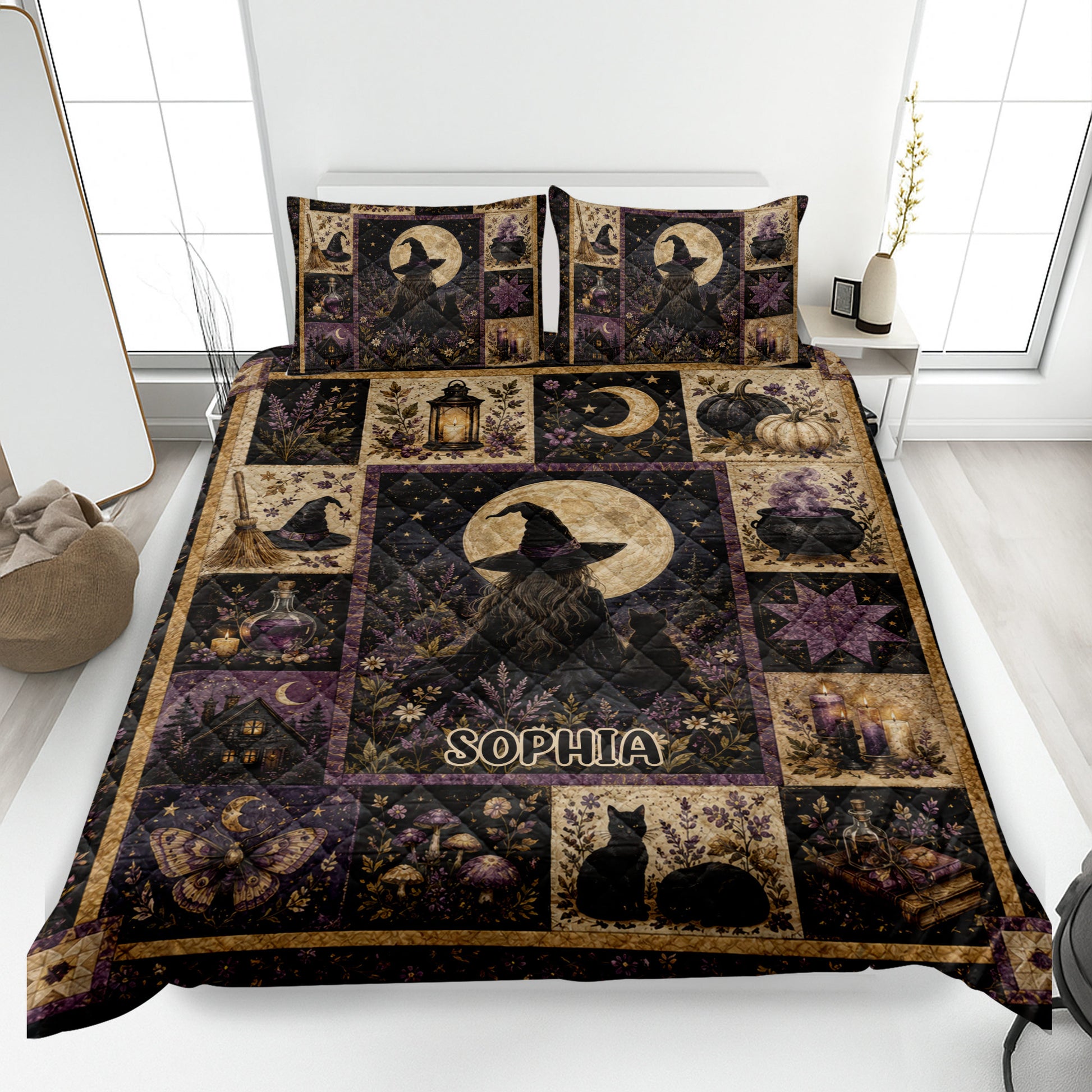 Witchcraft quilt blanket displayed on a bed with moonlit witch, black cat, cauldron, candles, and botanical artwork