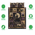 Witchcraft quilt bedding set shown with soft breathable, machine washable, colorfast, and quality feature icons