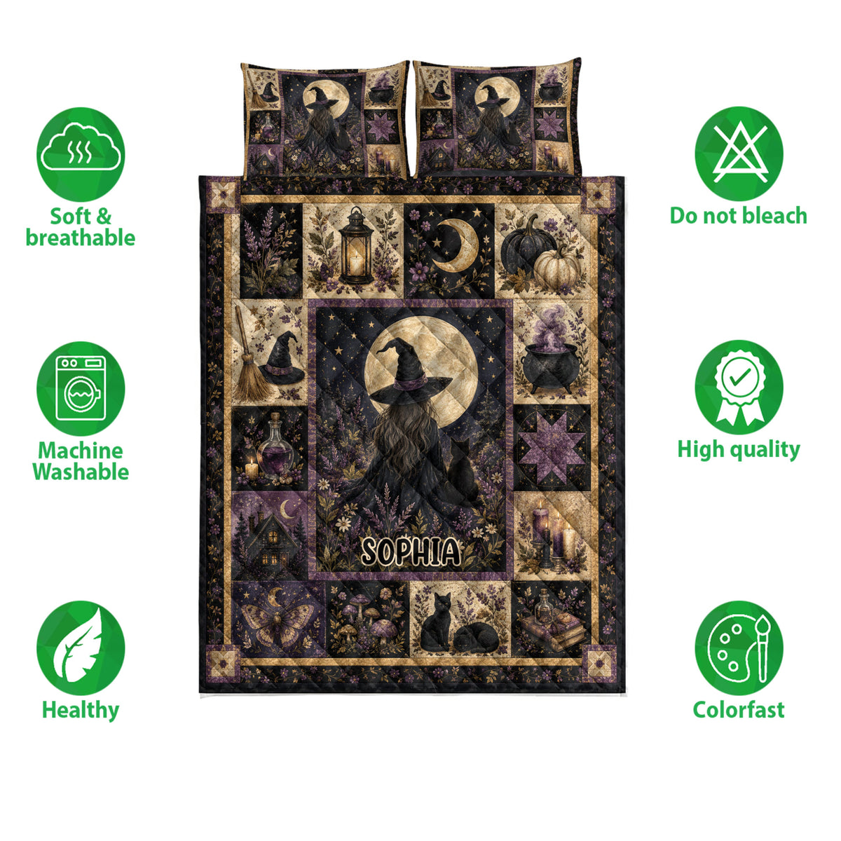 Witchcraft quilt bedding set shown with soft breathable, machine washable, colorfast, and quality feature icons