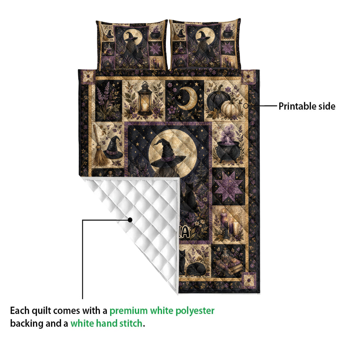 Witchcraft quilt blanket shown with printed front artwork and a white quilted reverse detail