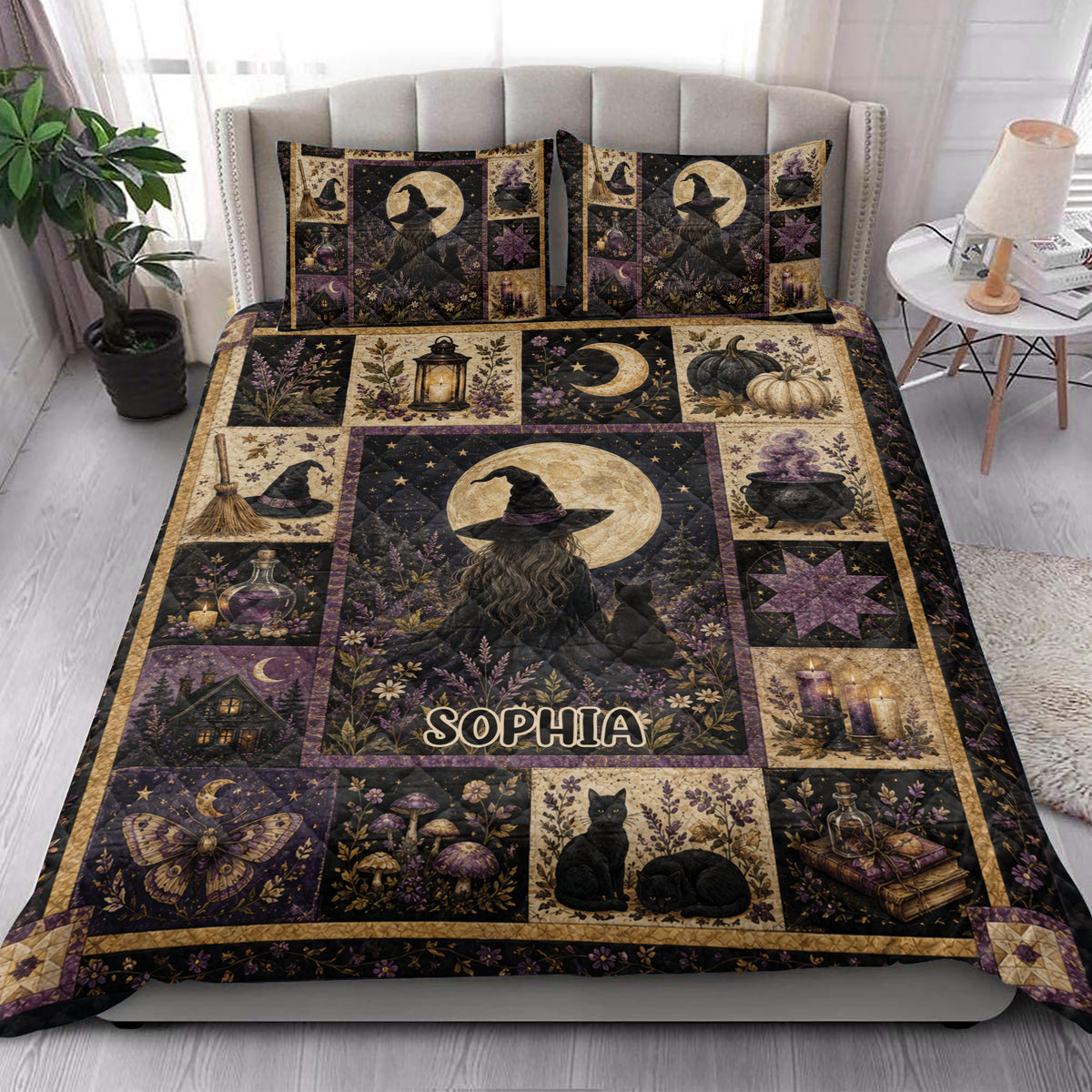 Witchcraft quilt bedding styled in a bright bedroom with moon, witch hat, cauldron, cat, and purple floral motifs