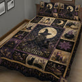 Witchcraft quilt blanket shown in a cozy bedroom with witch, crescent moon, pumpkins, candles, cats, and magical books
