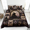 Witchcraft quilt blanket bedding set displayed on a bed with witch, black cat, cauldron, crystal, and moon artwork