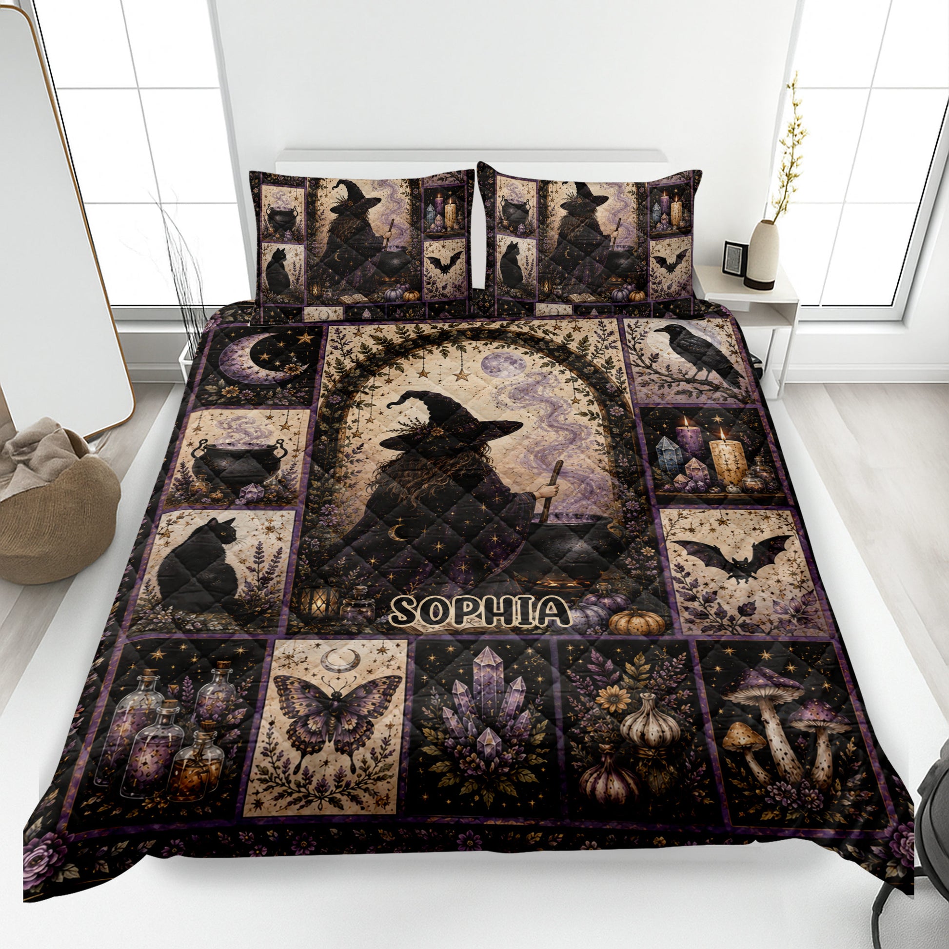 Witchcraft quilt blanket bedding set displayed on a bed with witch, black cat, cauldron, crystal, and moon artwork