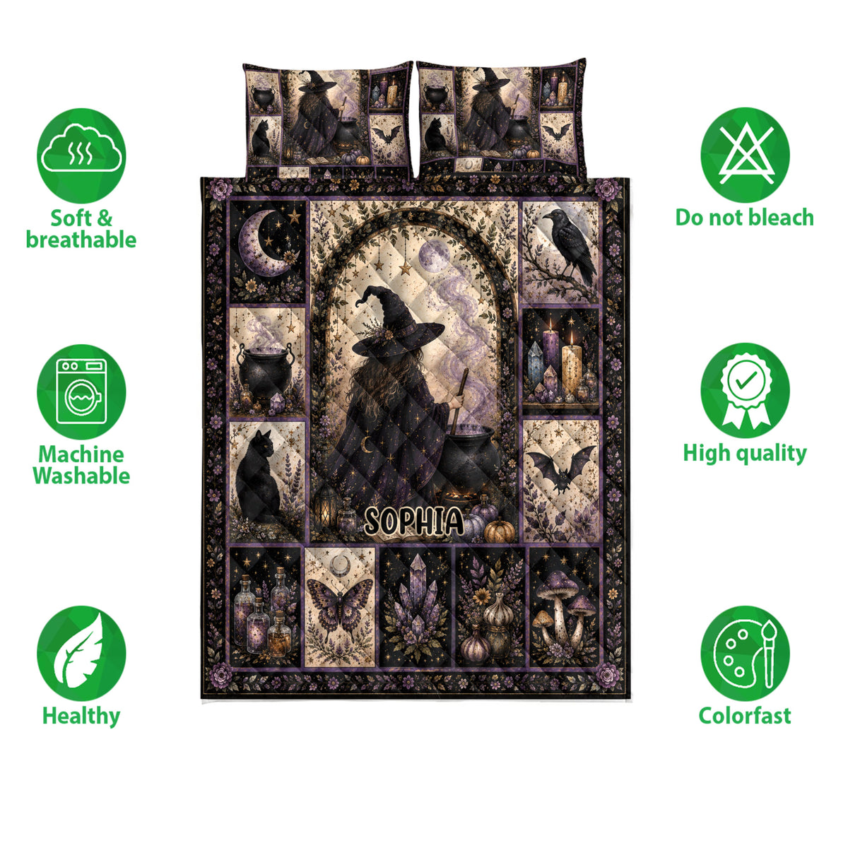 Witchcraft quilt bedding set shown with witchcraft artwork, soft breathable design, and vibrant color details