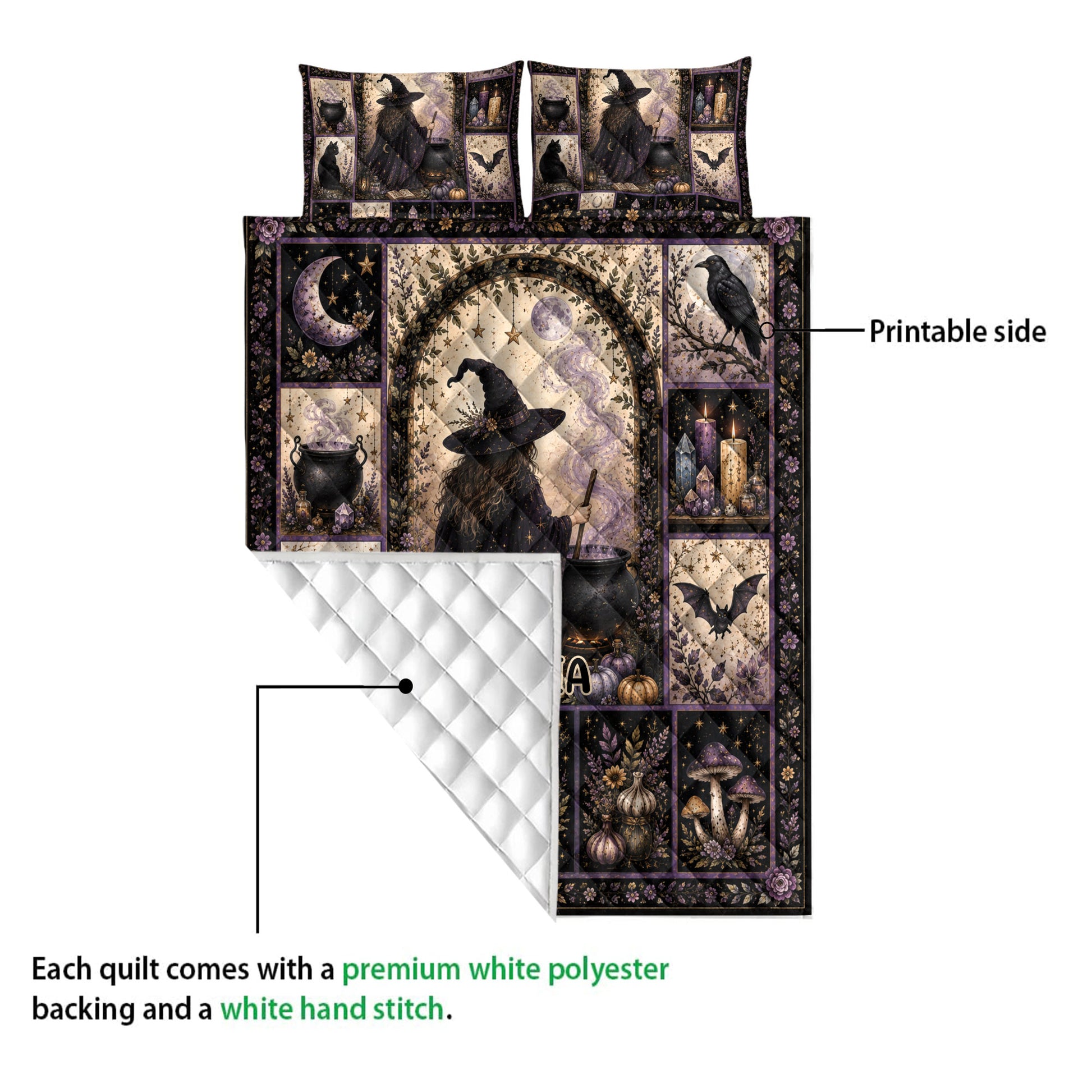 Witchcraft quilt blanket close-up showing the printed side, white quilted backing, witch, cauldron, crystals, and raven