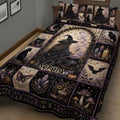 Gothic witchcraft quilt blanket displayed in a bedroom with mystical witch, cauldron, moon, crystal, and mushroom artwork