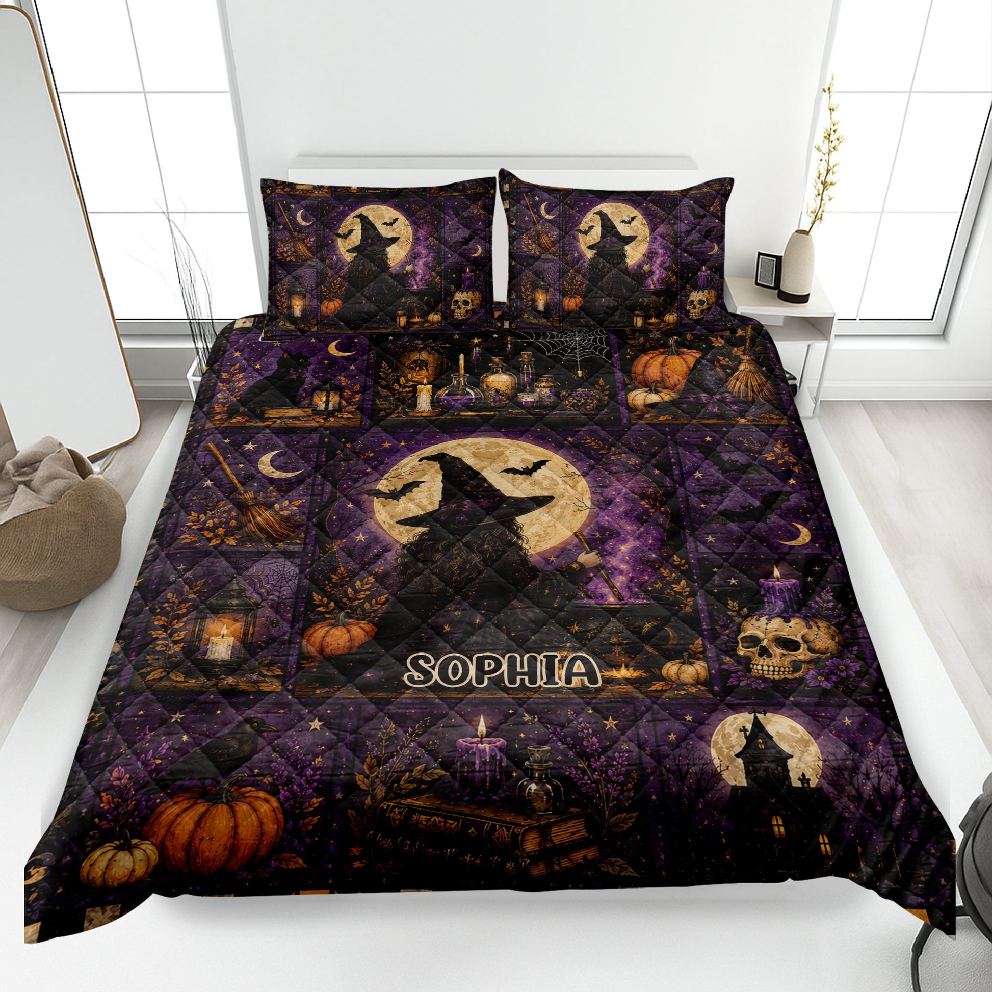 Witchcraft quilt blanket displayed on a bed with witch, moon, bat, pumpkin, candle, and skull artwork