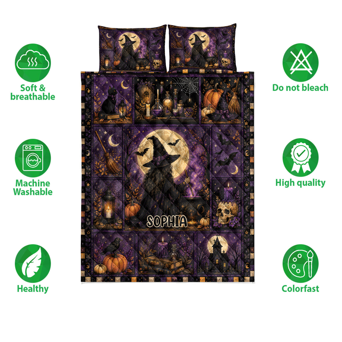 Witchcraft quilt blanket and pillowcases shown with soft breathable and colorfast product feature icons
