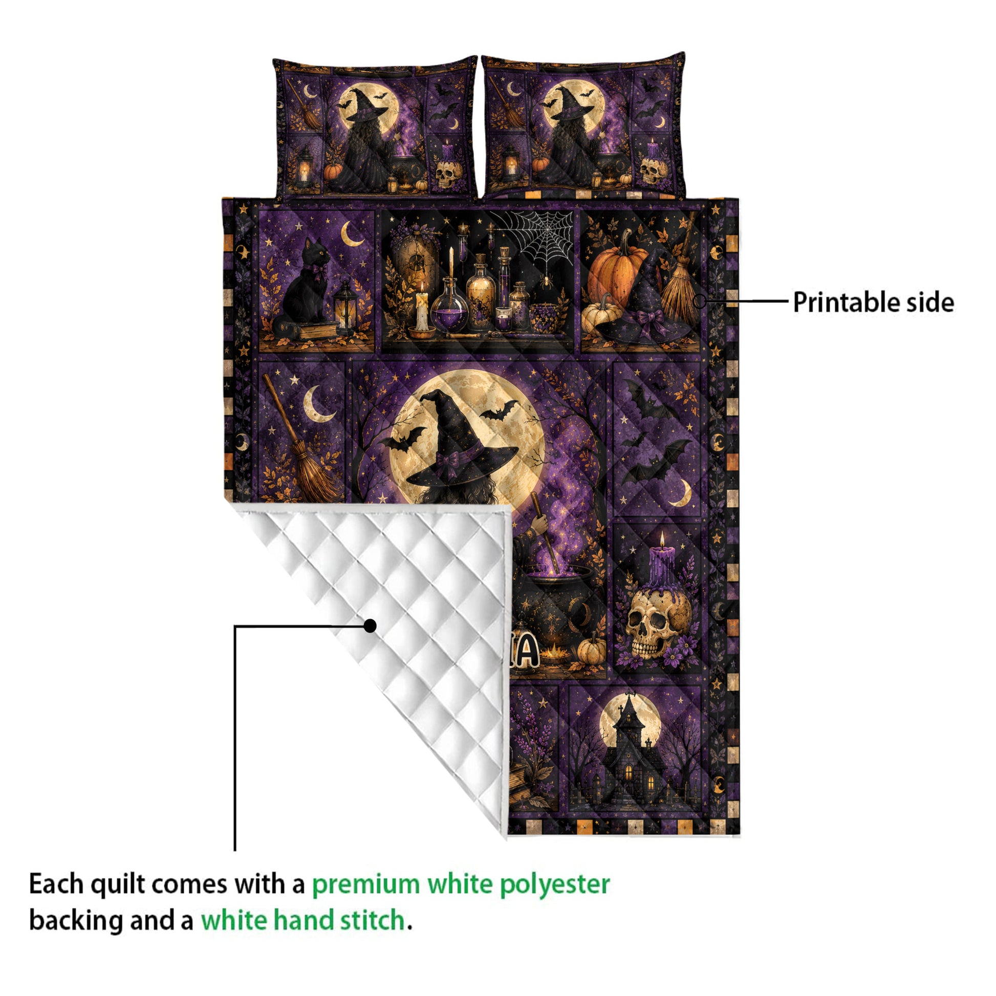 Witchcraft quilt blanket showing printed front, white quilted backing, and detailed mystical artwork