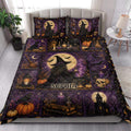Witchcraft quilt blanket styled in a bright bedroom with purple witch, moon, pumpkin, and bat artwork