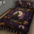 Close bedroom view of a purple witchcraft quilt blanket with spell bottles, candles, pumpkins, and skulls