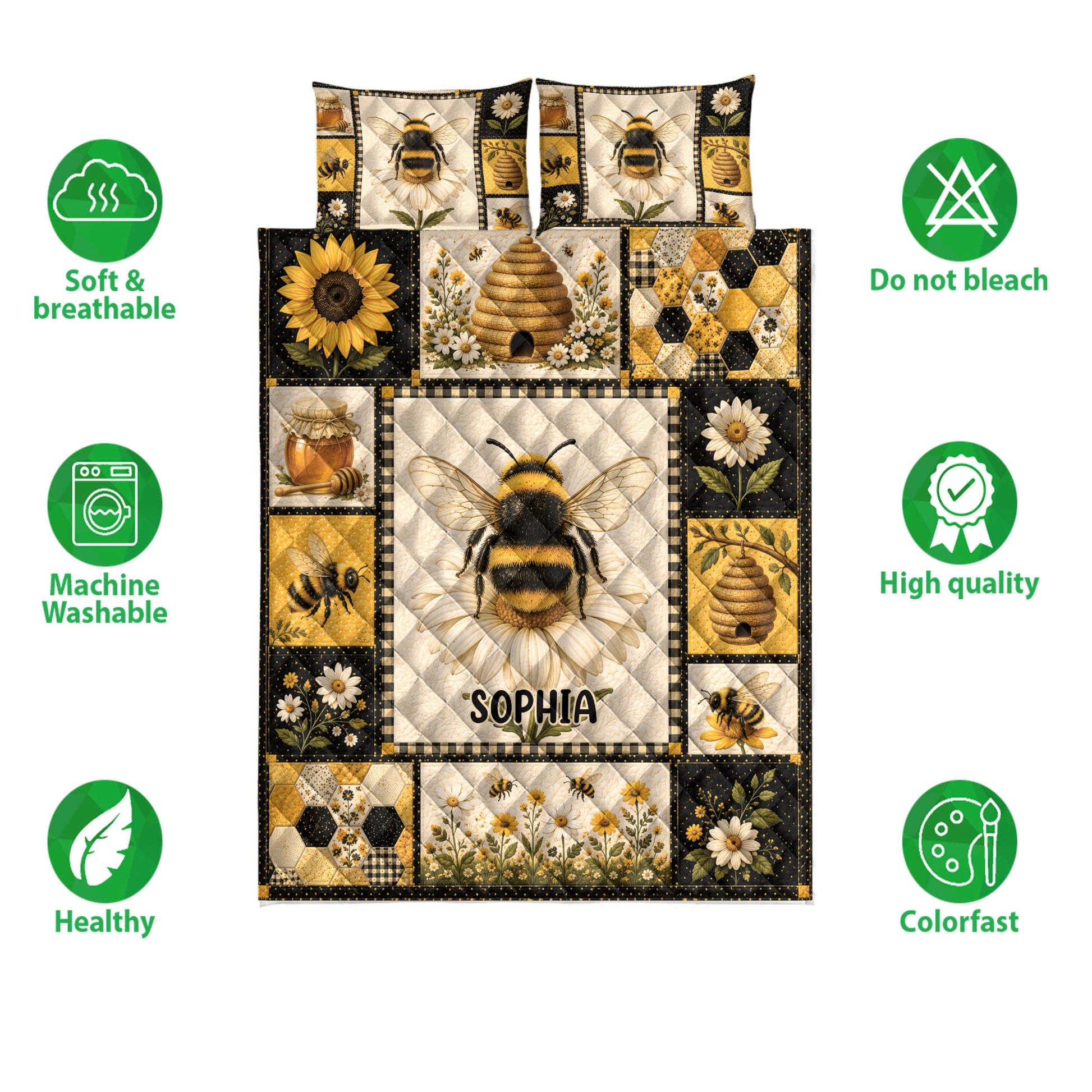 Bee quilt bedding set shown with honeybee, sunflower, daisy, honeycomb, and beehive design details