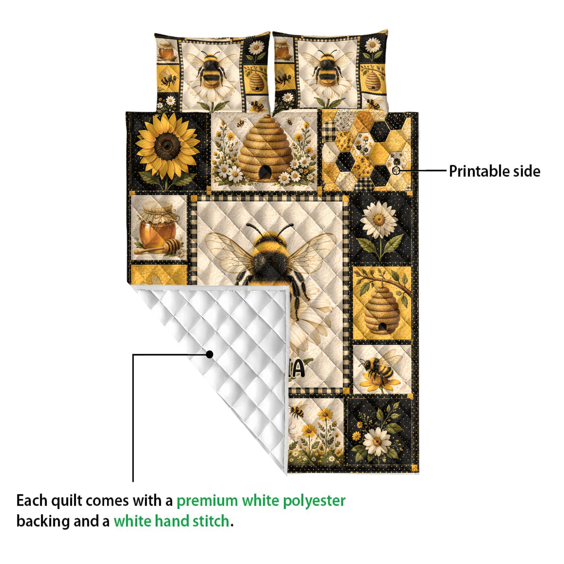 Bee quilt showing the printed front artwork and white quilted backing in a product construction view